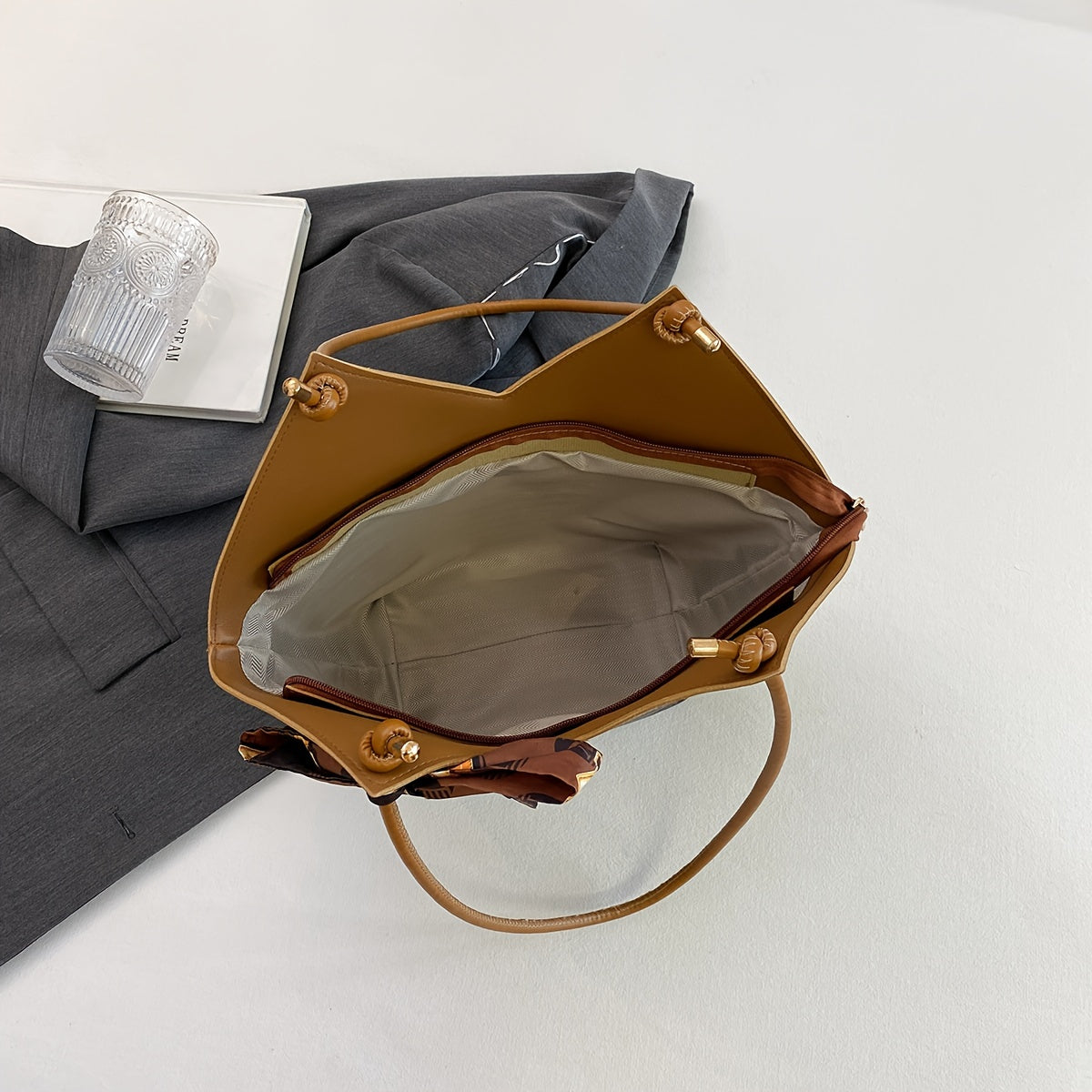 Sac Cabas Femme – Extra Large, Ruban Noeud, Noir & Marron, Zippé, Quotidien