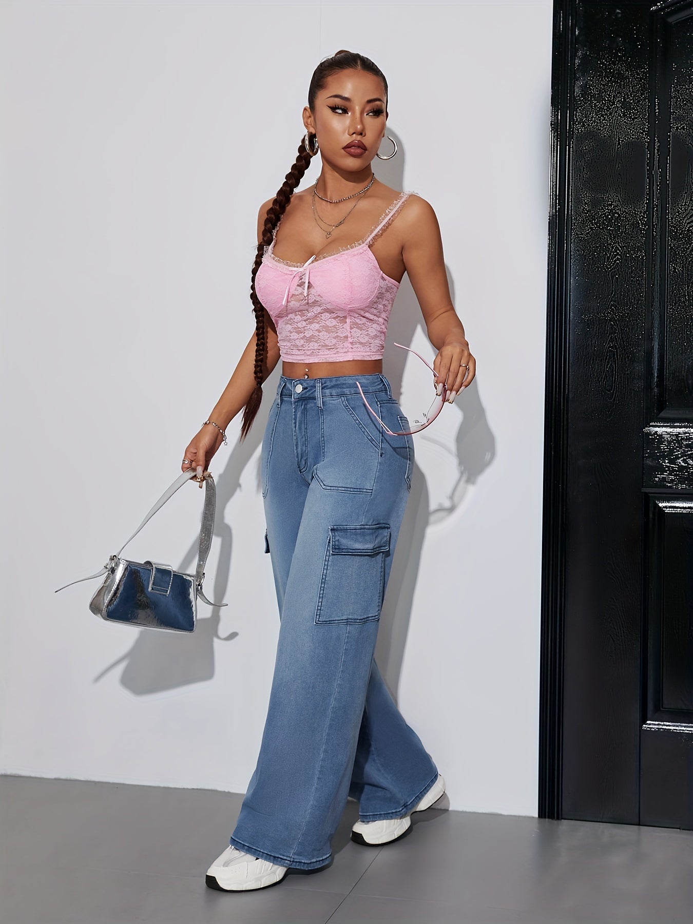 Jeans Cargo Femme Extensible Taille Mi-Haute Couleur Unie Boutons Lavable