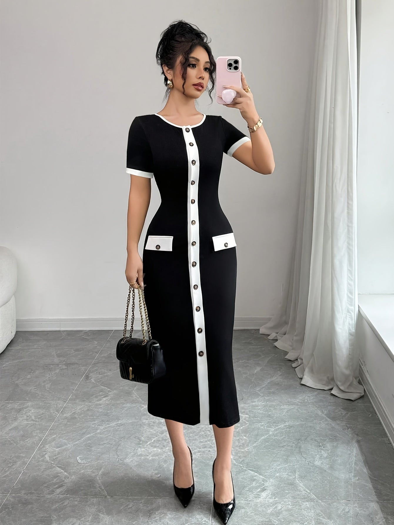 Elegant Casual Front Button Western Color-Trimmed Women's Dress