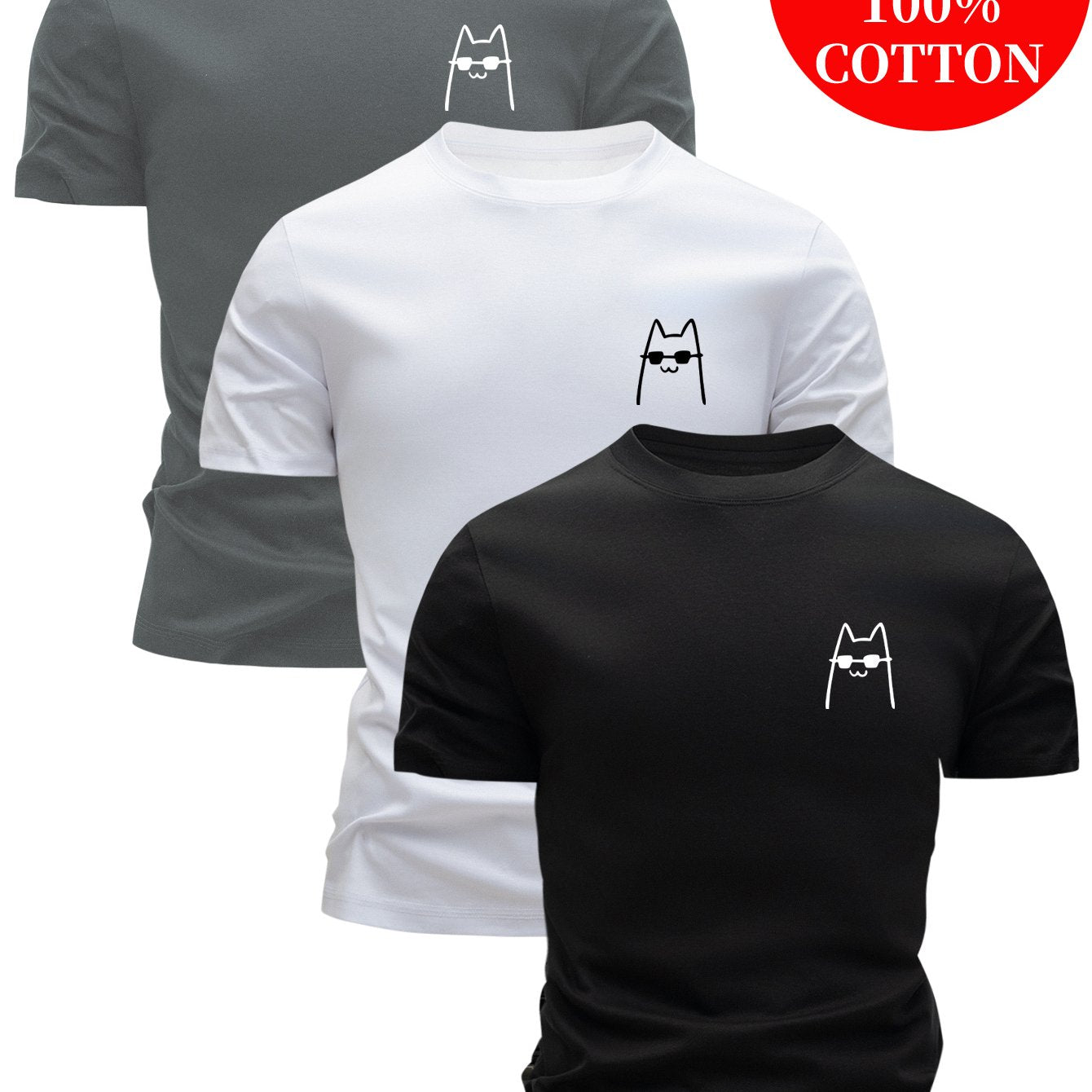 3pcs 100% Cotton T-Shirts, Funny Summer Casual Top for Men with Cartoon Cat Design, Leisure Clothing, Relaxed Fit, Cartoon Print, Playful Design, Cotton Fabric, Comfortable Fit, Short Sleeve Tee, Fitted Shirt, Casual Wearers,