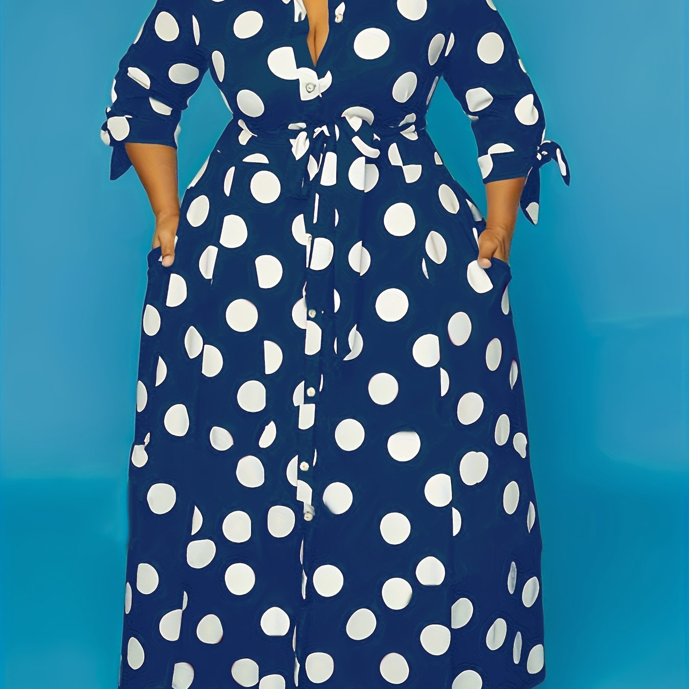 Robe Élégante Grande Taille – Femme, Maxi Robe à Pois, Boutonnée, Col avec Ceinture