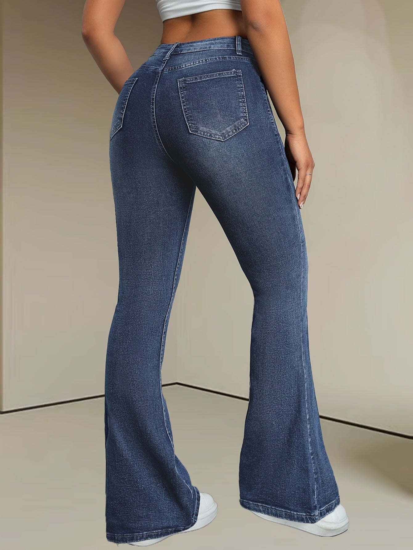 Jean Femme Évasé Bleu Décontracté Fermeture Zip Boutons