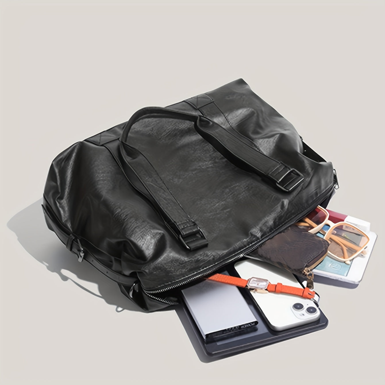 Sac fourre-tout grande capacité noir en PU – bandoulière et crossbody polyvalent, multiples compartiments, sangle réglable, idéal pour voyage et usage quotidien