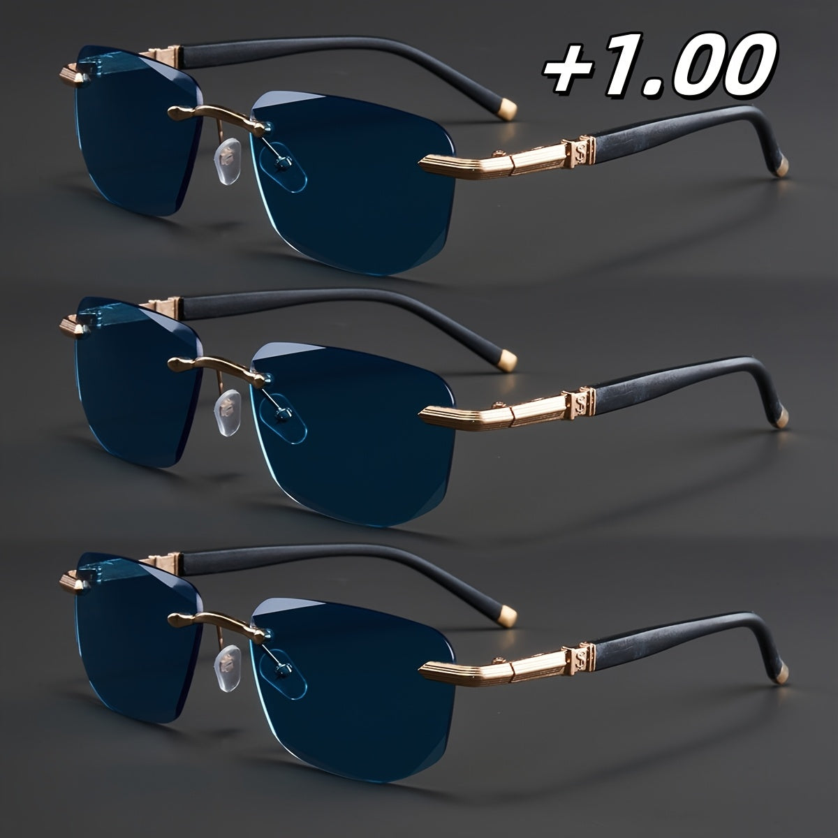 3-Pack, Stylish Men's Frameless Reading Glasses, Elegant Metal Frame, Options: 100, 150, 200, 250, 300, 350, 400 Degrees,christmas Gifts