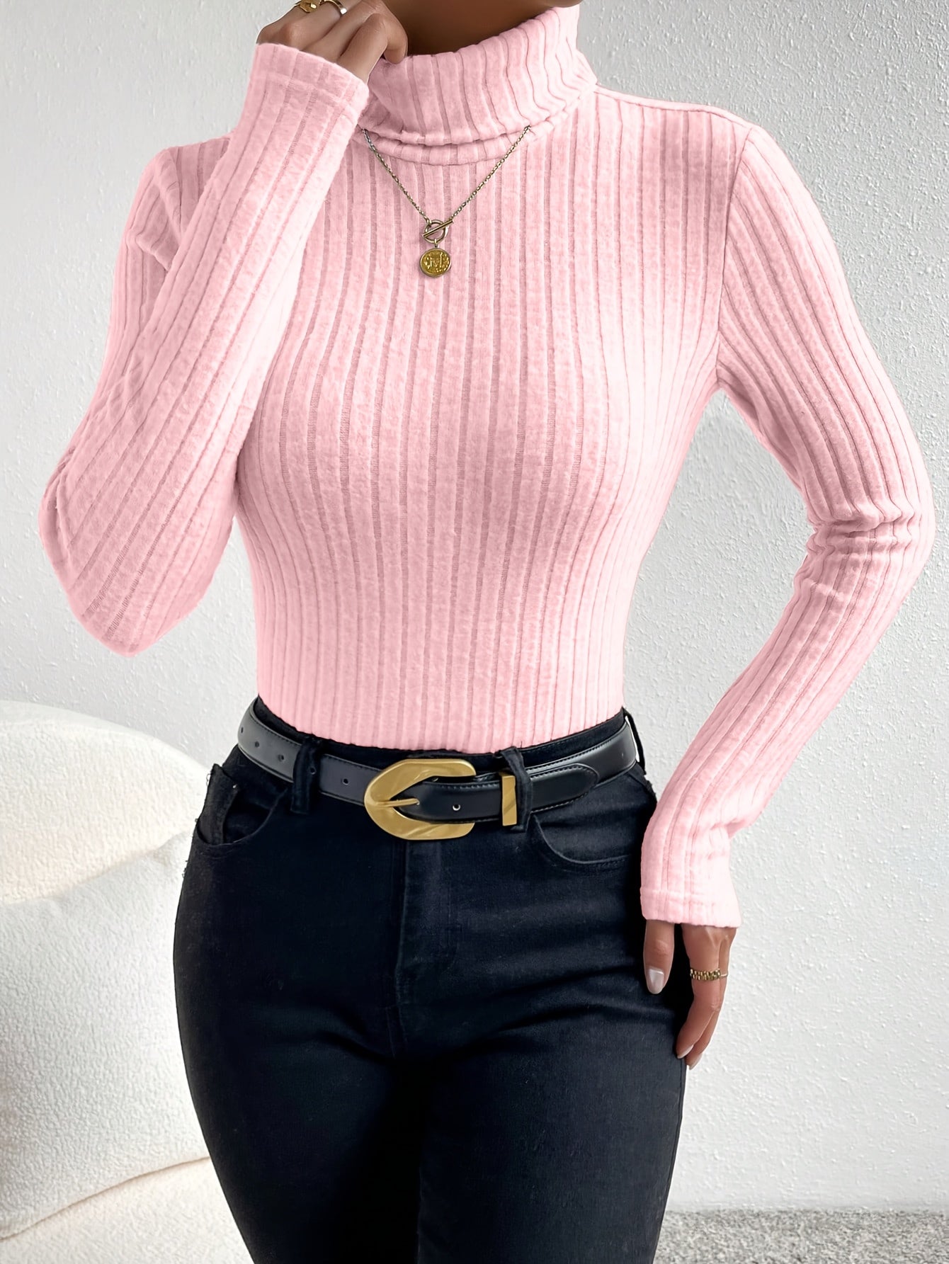 T-shirt Femme Col Montant Côtelé – Manches Longues, Slim Fit, Blanc