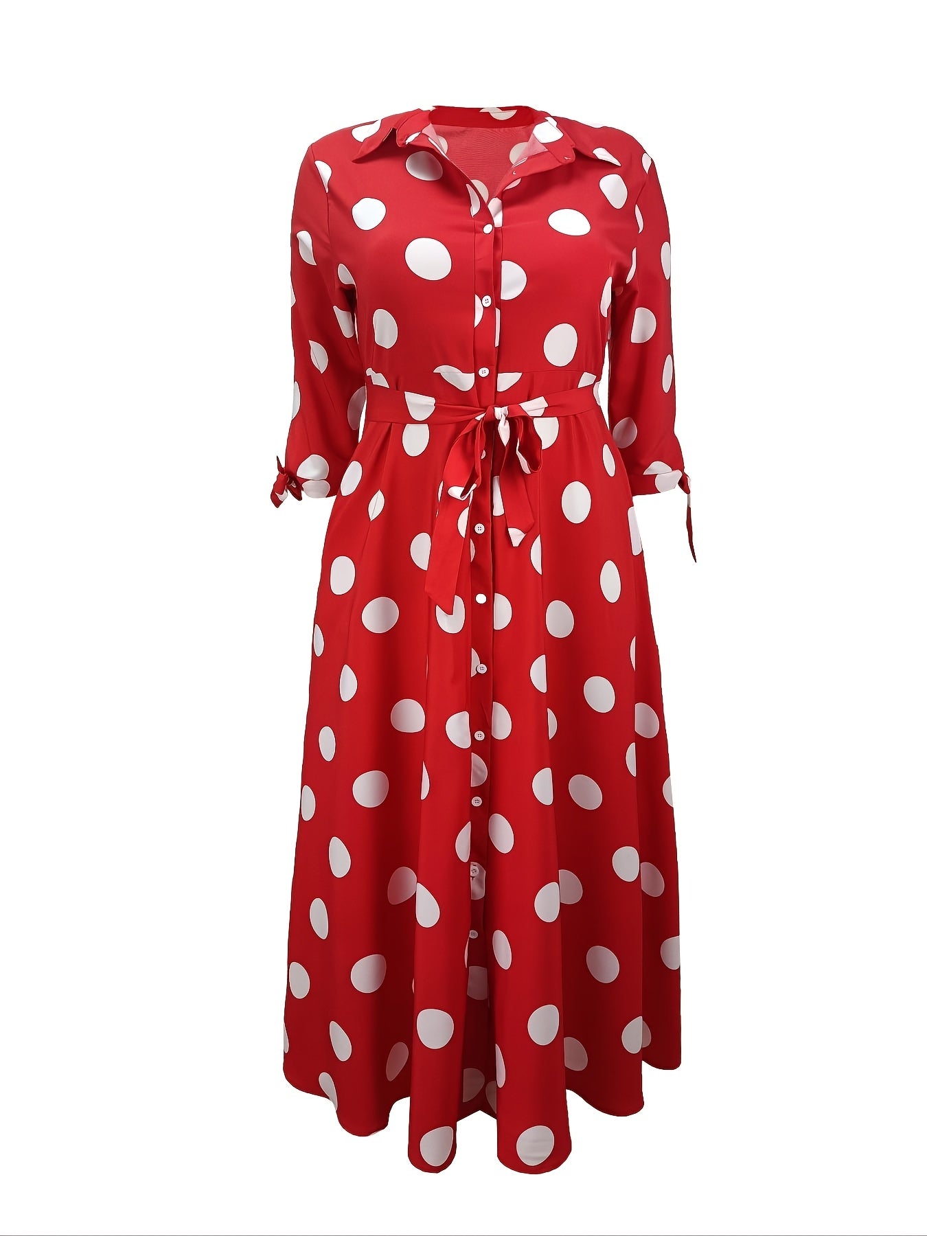 Robe Élégante Grande Taille – Femme, Maxi Robe à Pois, Boutonnée, Col avec Ceinture
