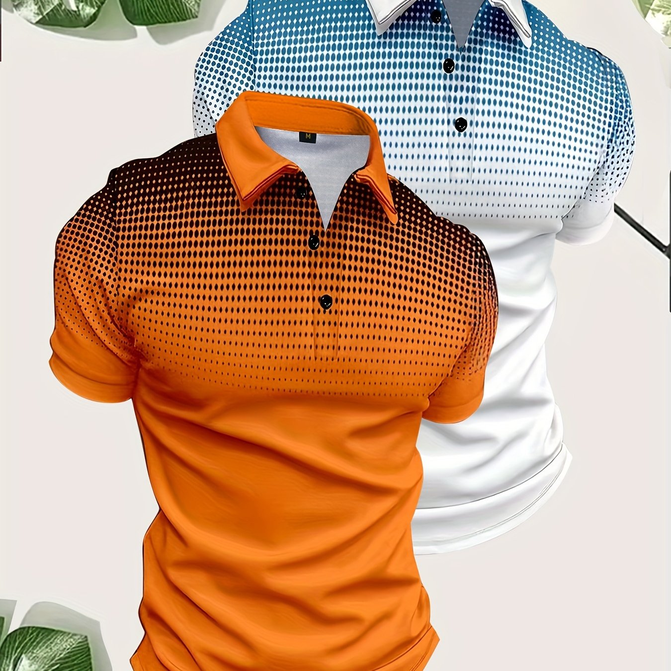 2pcs Men's Gradient Pattern Print Short Sleeve Lapel Golf Shirts, Casual Style Slight Stretch Regular Fit Summer Tops, Summer Golf Shirts