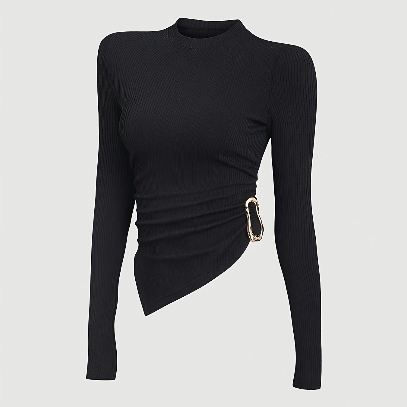 T-shirt Femme Sexy Manches Longues – Moulant Extensible, Ourlet Asymétrique, Tissu Non Transparent, Idéal Automne/Hiver, Tenue Formelle et Quotidienne, Style Élégant et Moderne, Matière Confortable