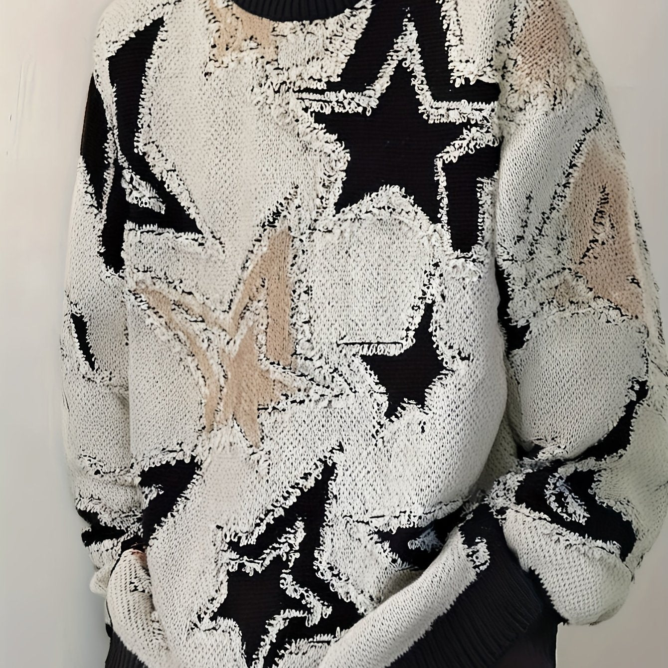 Men's Casual Sport Sweater, Knitted Pullover with Star Pattern, Plush Texture, Loose Fit for Trendy Street Style Outfits, Suitable for Daily Wear Casual Occasions