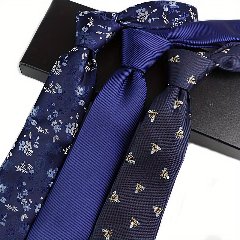 3pcs Set Cravates Hommes – Rayures Animales et Géométriques, Polyester, Cadeau Mariage & Bureau