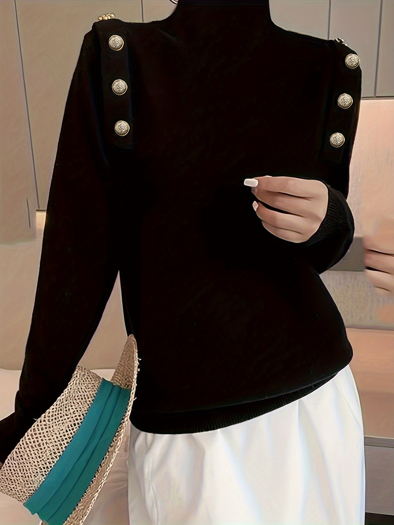 Pull tricoté col roulé à boutons, manches longues, élégant et décontracté pour femmes