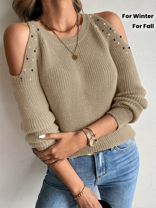 Pull élégant pour femmes, épaules dénudées, perlé, col rond, veste style gilet, beige, automne/hiver, lavable en machine