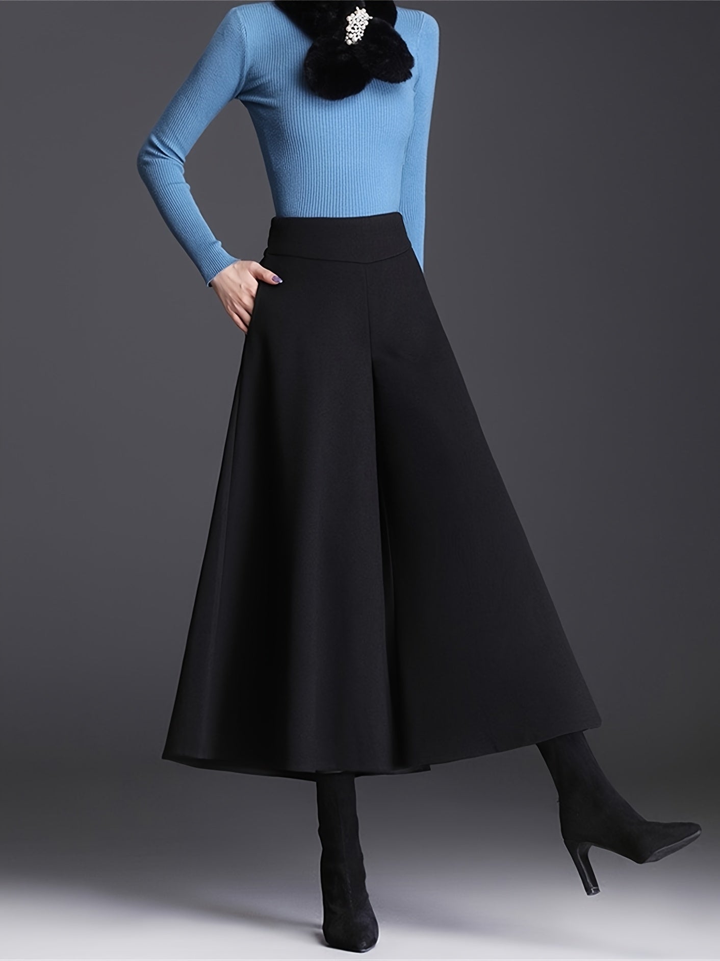 Pantalon Femme Taille Haute – Jambe Large Doublé Polaire, Taille Élastique, Confortable, 7/8, Automne/Hiver