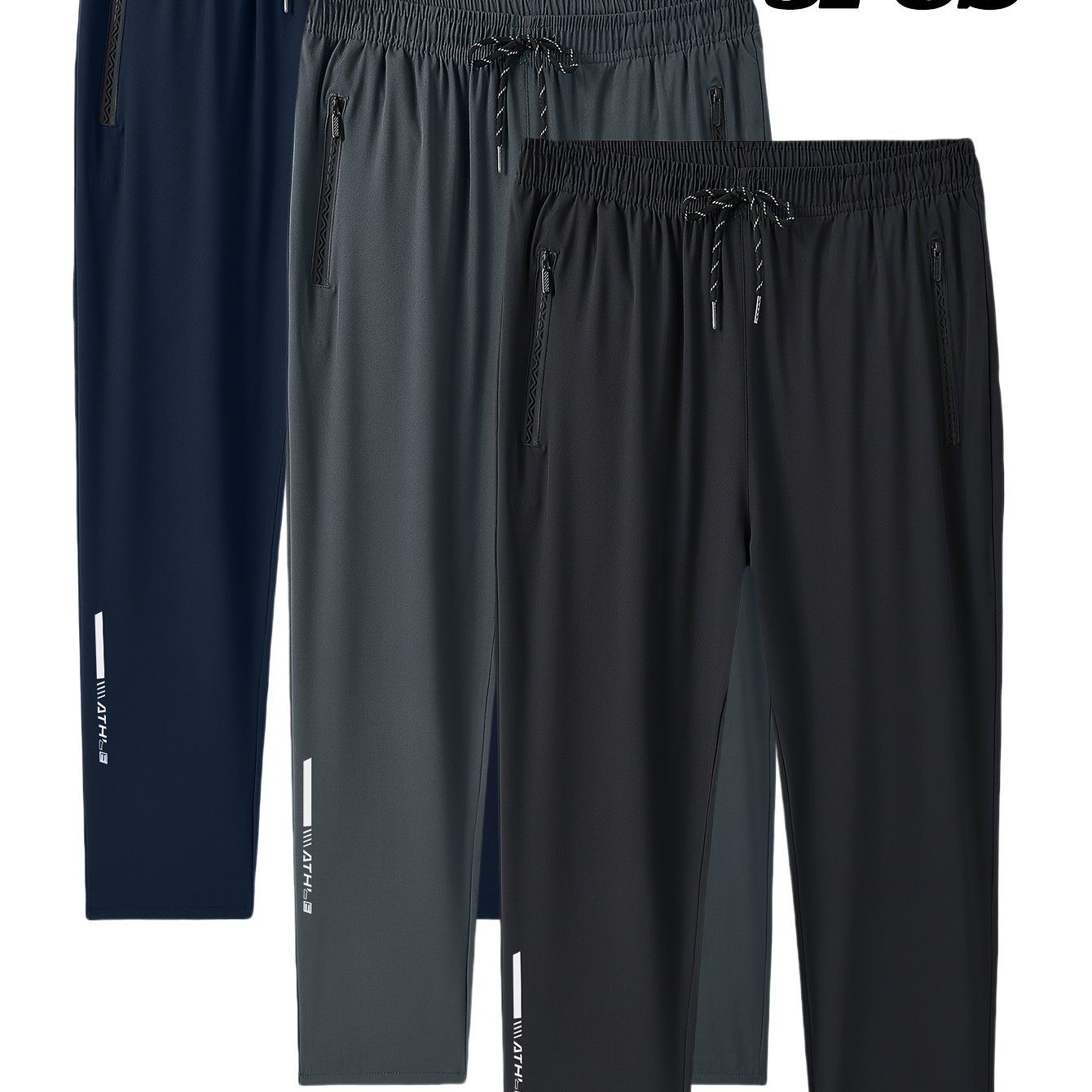 3pcs Pantalons Homme Grande Taille – Casual, Cordon Élastique, Poches Zippées, Noir & Bleu