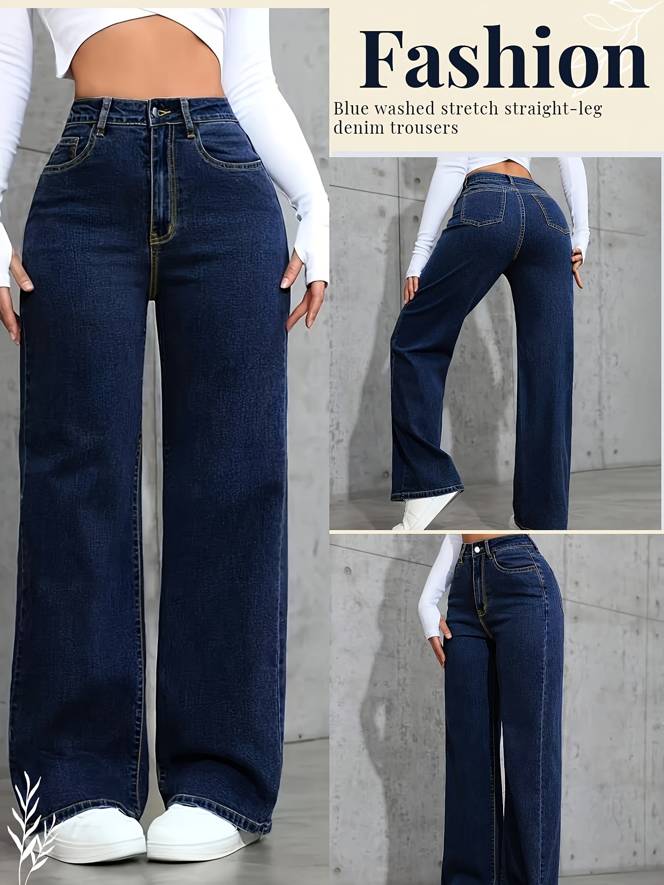 Jeans Femme Style Basique Bleu Effet Usé Jambe Droite Décontracté Poches Multifonction Extensible Confortable Polyvalent