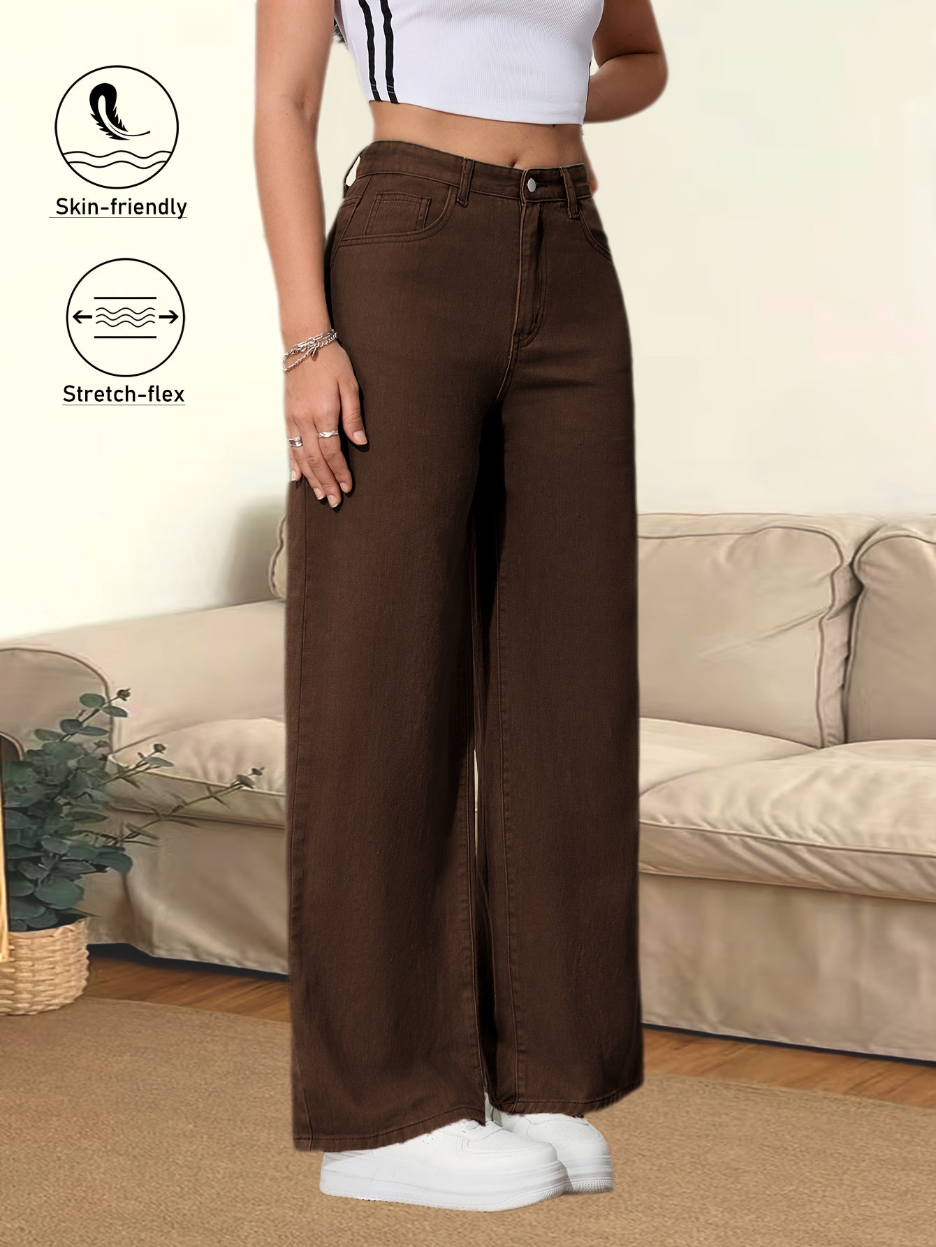 Jeans Femme Marron Café Jambe Large Poches Multiples Boutons Taille Mi-Haute Extensible Toute Saison Polyvalent Confortable Élégant