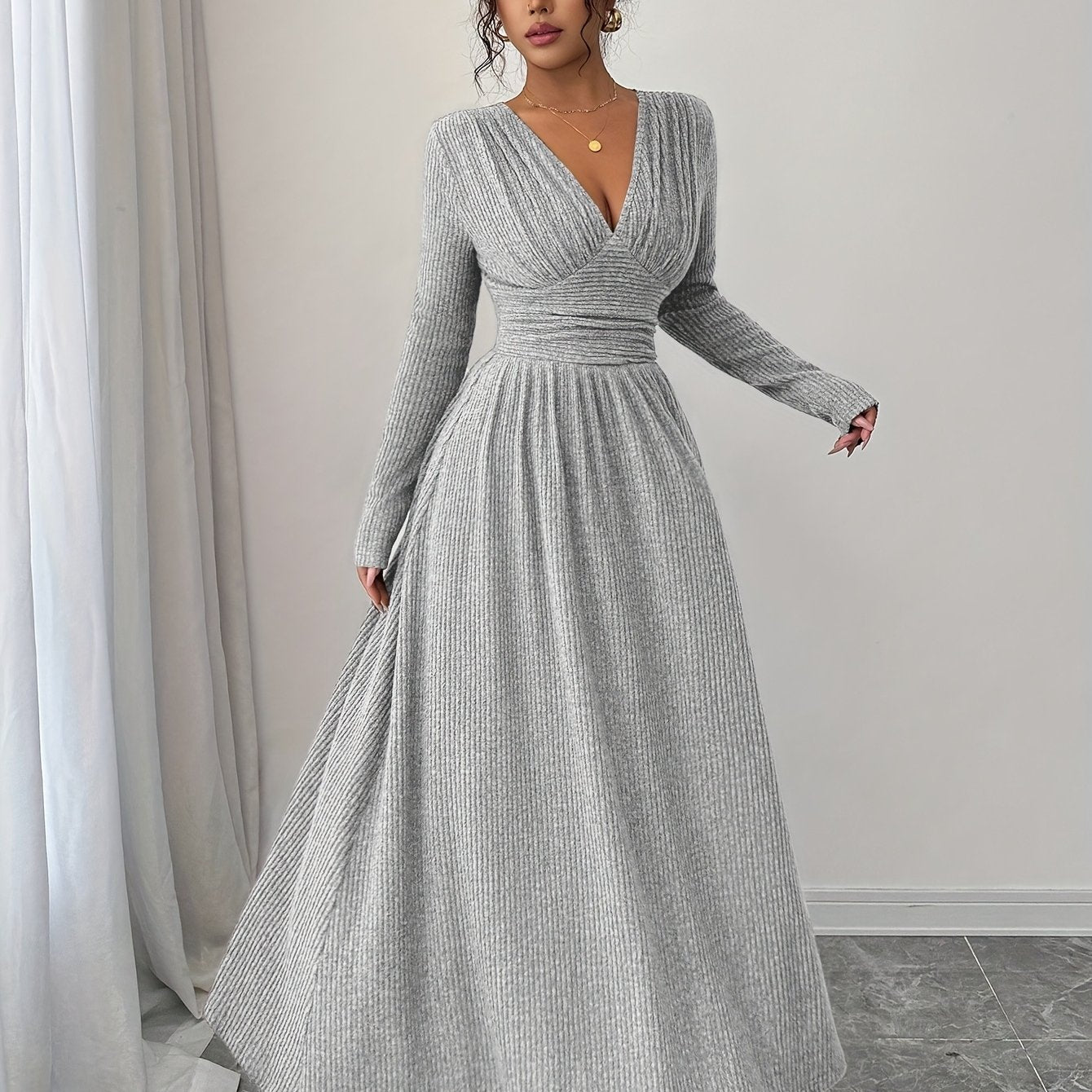 Robe Femme Élégante A-Line Maxi – Manches Longues, Col V, Robe Formelle et Quotidienne, Coupe Flatteuse pour Automne/Hiver, Bureau, Fête, Mariage, Tenues Quotidiennes, Robe Formelle et Décontractée, Port au Bureau, Ourlet à Volants, Look Stylé