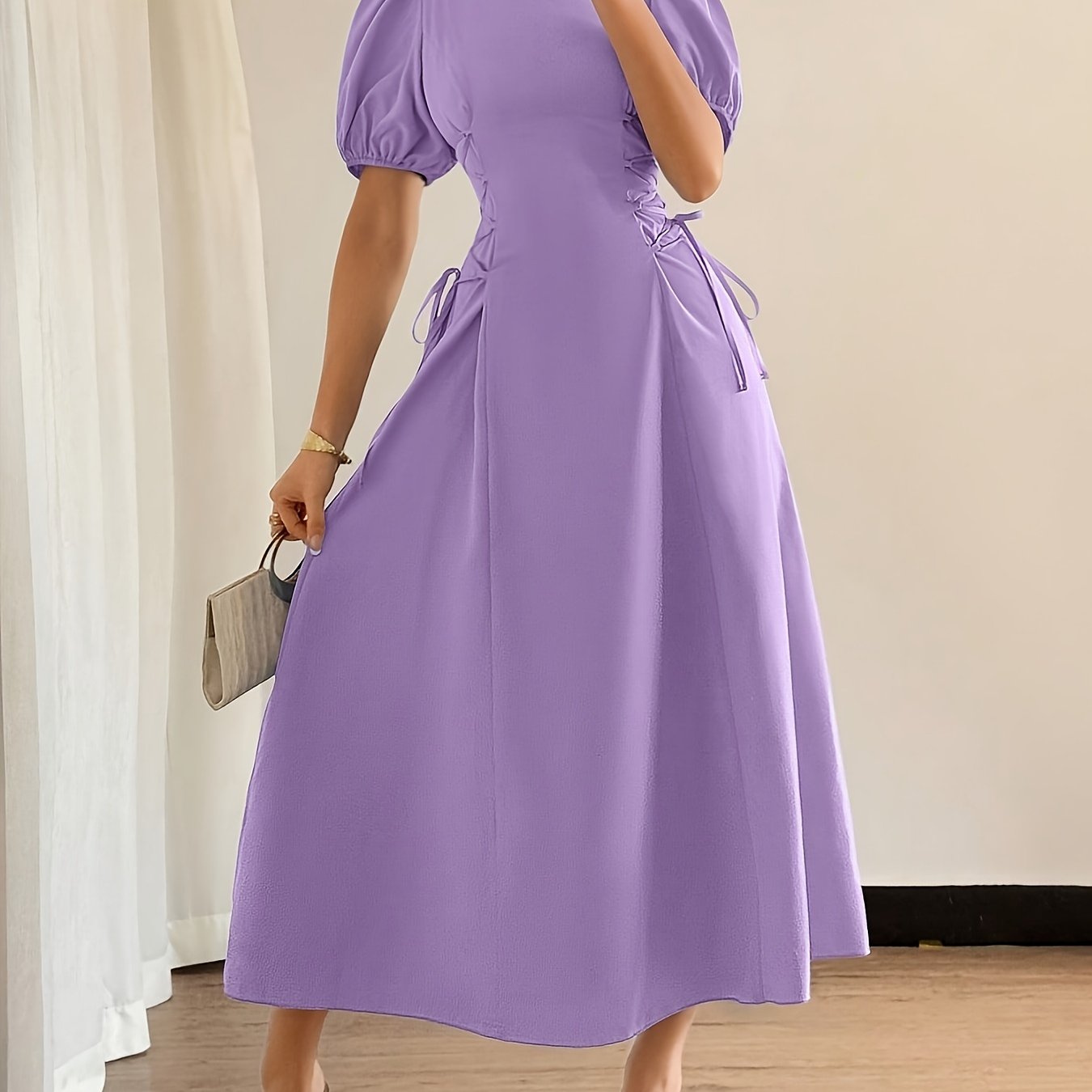 Solid Color Long Dress with Puff Sleeves, Ruffles, and Tie, Suitable for Vacation, Banquet, Party, Formal Wear, and Elegant Dress