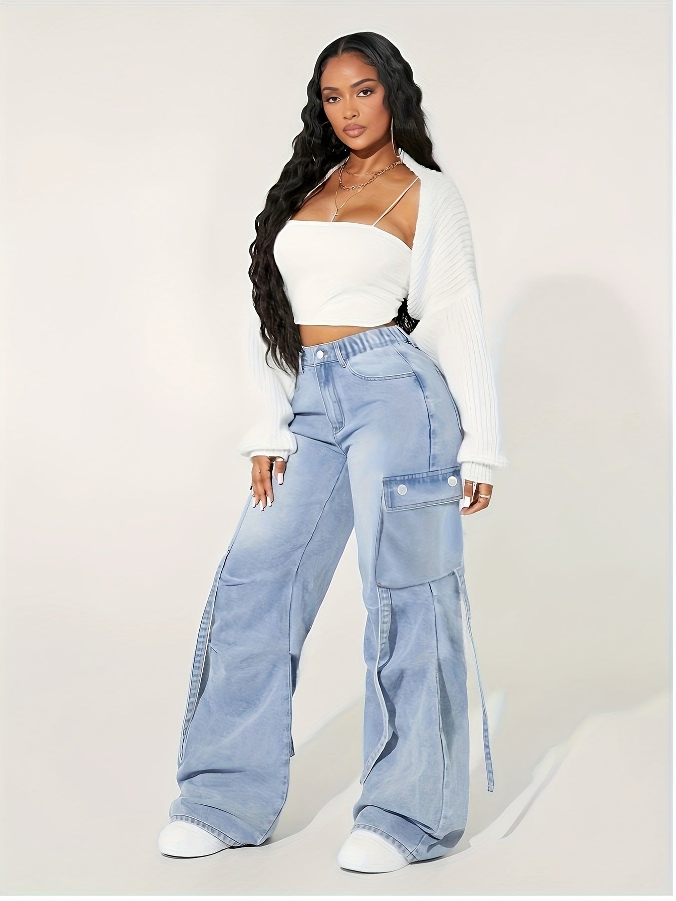 Jeans Cargo Femme Taille Haute – Jambe Large, Extensible, Multiples Poches, Bleu Denim, Style Y2K Streetwear