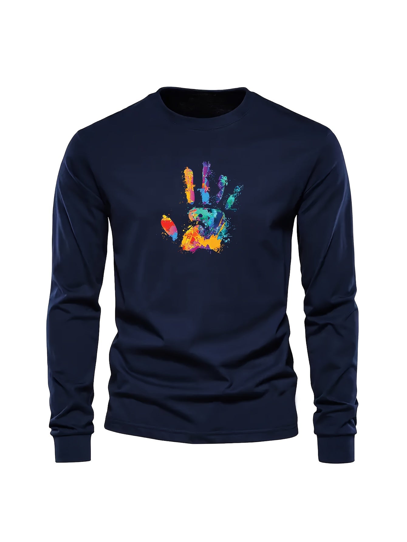 Colorful Hand Print Pattern Men's Trendy Long Sleeve Crew Neck T-shirt, Spring Fall