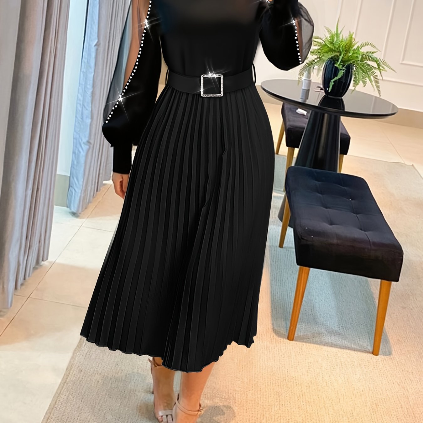 New Fashion Styles for The 2025 Holiday Season, Women'S Long-Sleeve Pleated Dress with Mesh Panels And a Belt Adorned with Rhinestones.