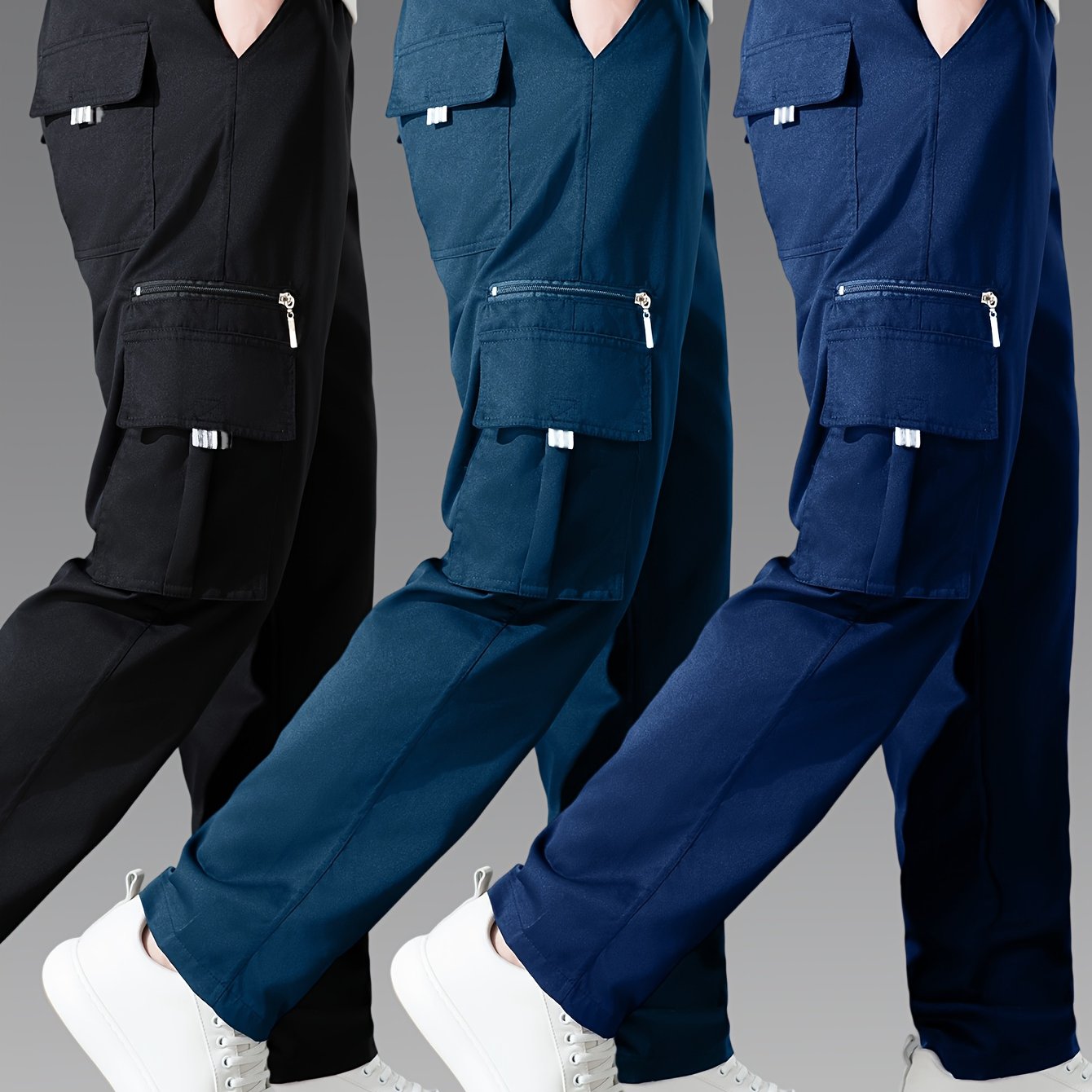 3pcs Pantalons Cargo Homme – Casual, Multipoches, Jambe Droite, Polyester, Regular Fit