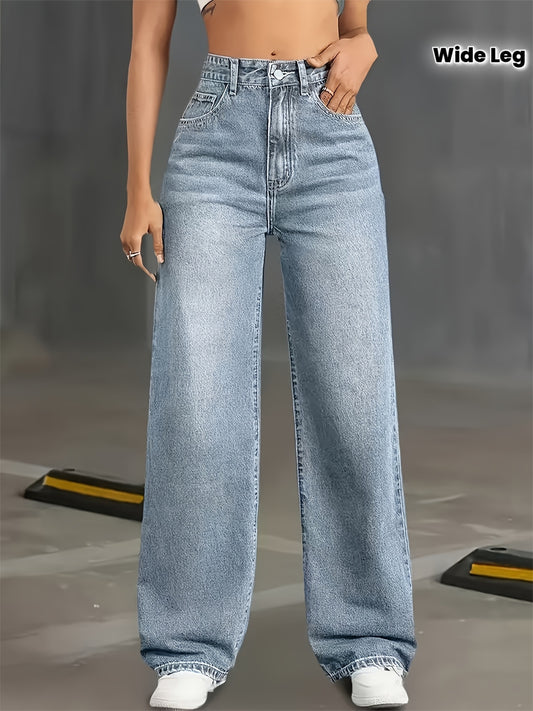 Jean Femme Taille Haute Extensible – Pantalon Droit Non Transparent avec Fermeture Bouton, Toutes Saisons, Pour Quotidien, Travail et Shopping, Jean Bleu Clair Classique, Pièce Polyvalente de Garde-Robe