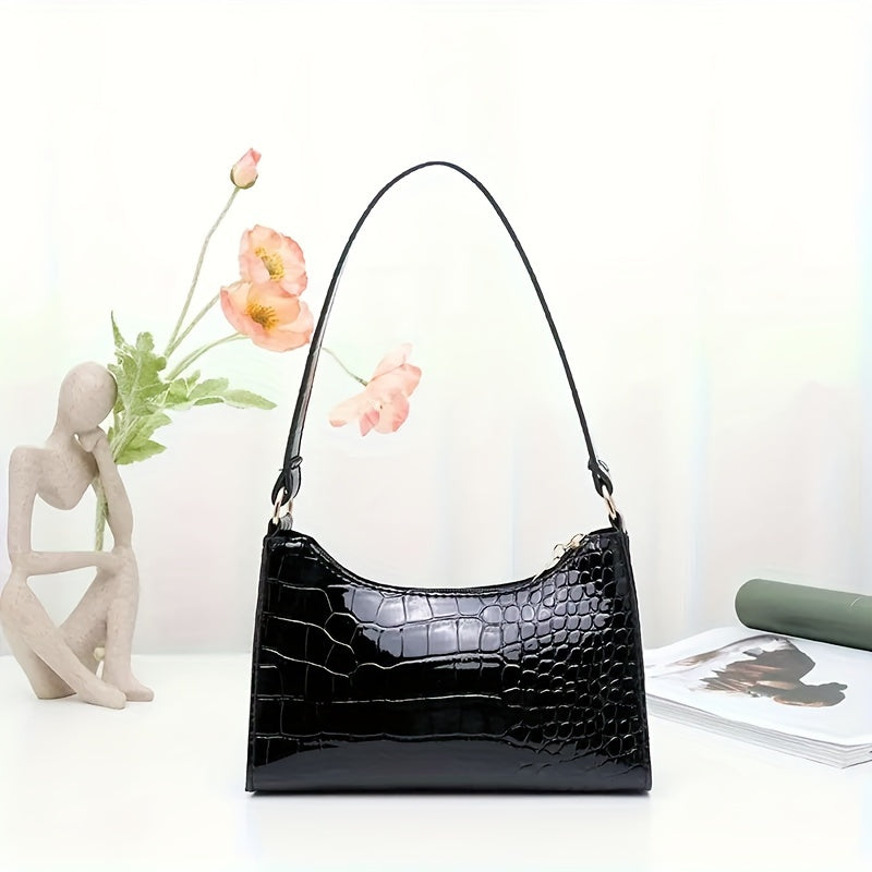 Sac épaule élégant pour femmes – simili cuir motif crocodile, finition brillante, fermeture zippée, bandoulière fixe, sac à main noir tendance