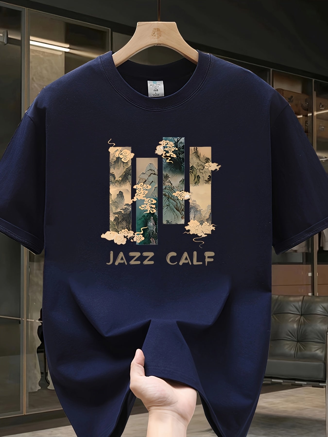 Men's Heavyweight 100% Cotton Oversized T-Shirt with Jazz Calf Graphic Print - White Summer Casual Round Neck Short Sleeve Tee, Large Size Breathable Fabric for Casual Attire & Jazz-Themed Events, Machine Washable Youthful St