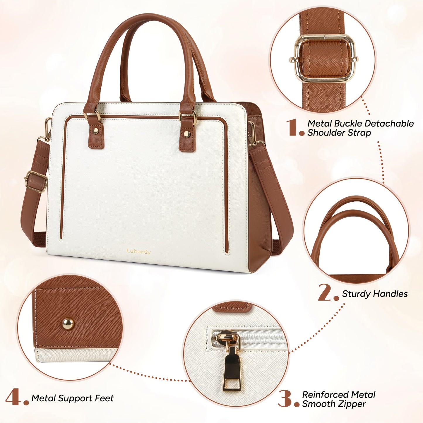 Sac fourre-tout élégant Lubardy pour femmes en simili cuir synthétique, bandoulière amovible et réglable, fermeture éclair et doublure polyester – Blanc/Noir/Marron, polyvalent pour travail, voyage, sorties et usage quotidien