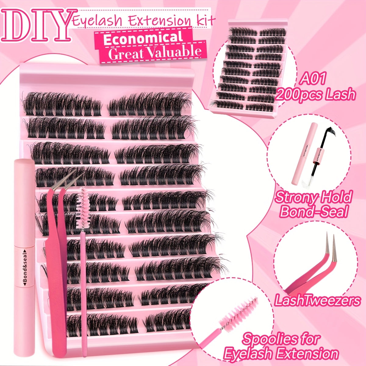 Kit d'extension de cils (160 ou 200 pièces) : extensions de cils volumineuses avec colle et fixateur, pince à épiler, touffes de cils épaisses, cils individuels fins, extension de cils courbée en D (30D, 40D, 80D, 8-16 mm).