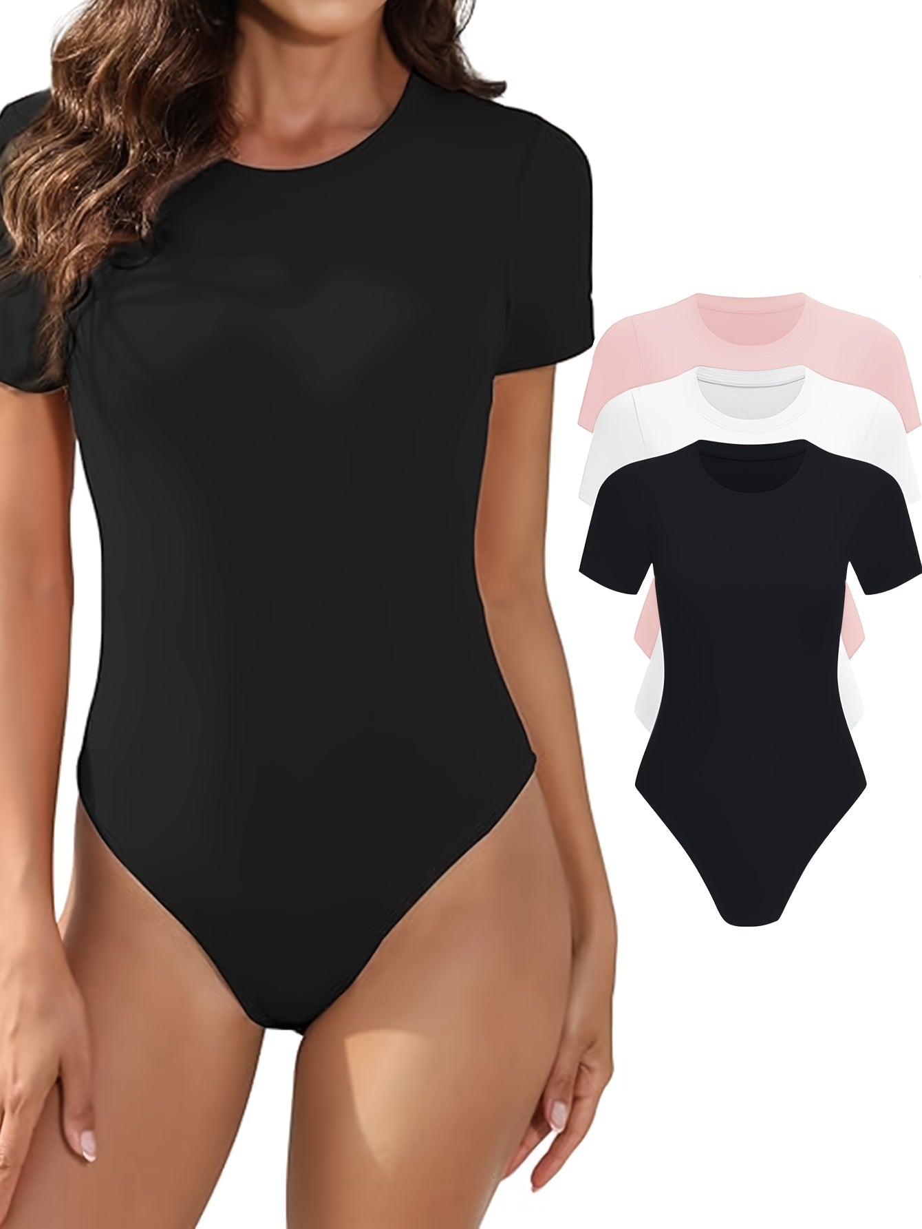 Lot de 3 bodys femme – manches courtes, col rond, coupe ajustée, basiques confortables