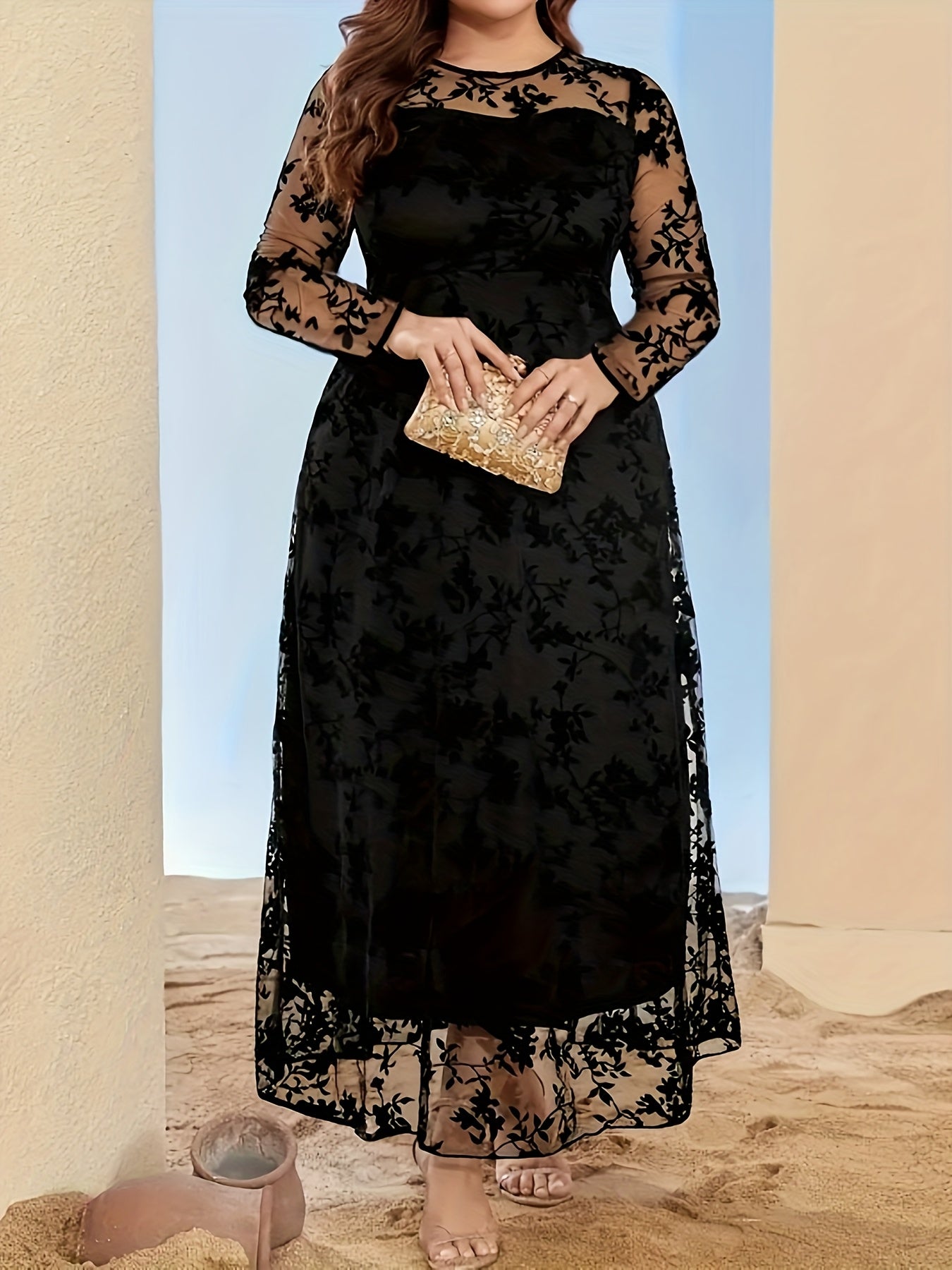 Robe Grande Taille Élégante – Imprimé, Manches Longues, Ourlet en Mesh Flocké, Haut Bodycon et Jupe Évasée en Forme de Cloche, Toutes Saisons, Tenues de Fête, Couture de Qualité, Tissu Respirant