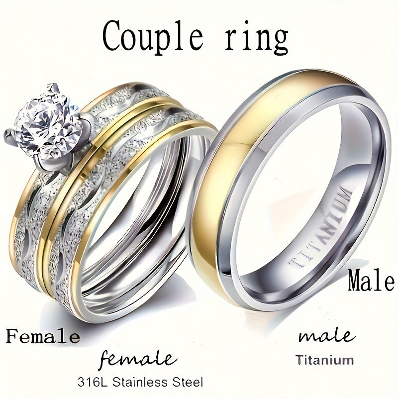 3pcs Couple Ring Set (2pcs/Set for Women + 1pc for Men) Stylish -Plated Stainless Steel Rings for Women And Stainless Steel Ring for Men, Perfect Gift for Christmas, Valentine'S Day, And Wedding Anniversaries.