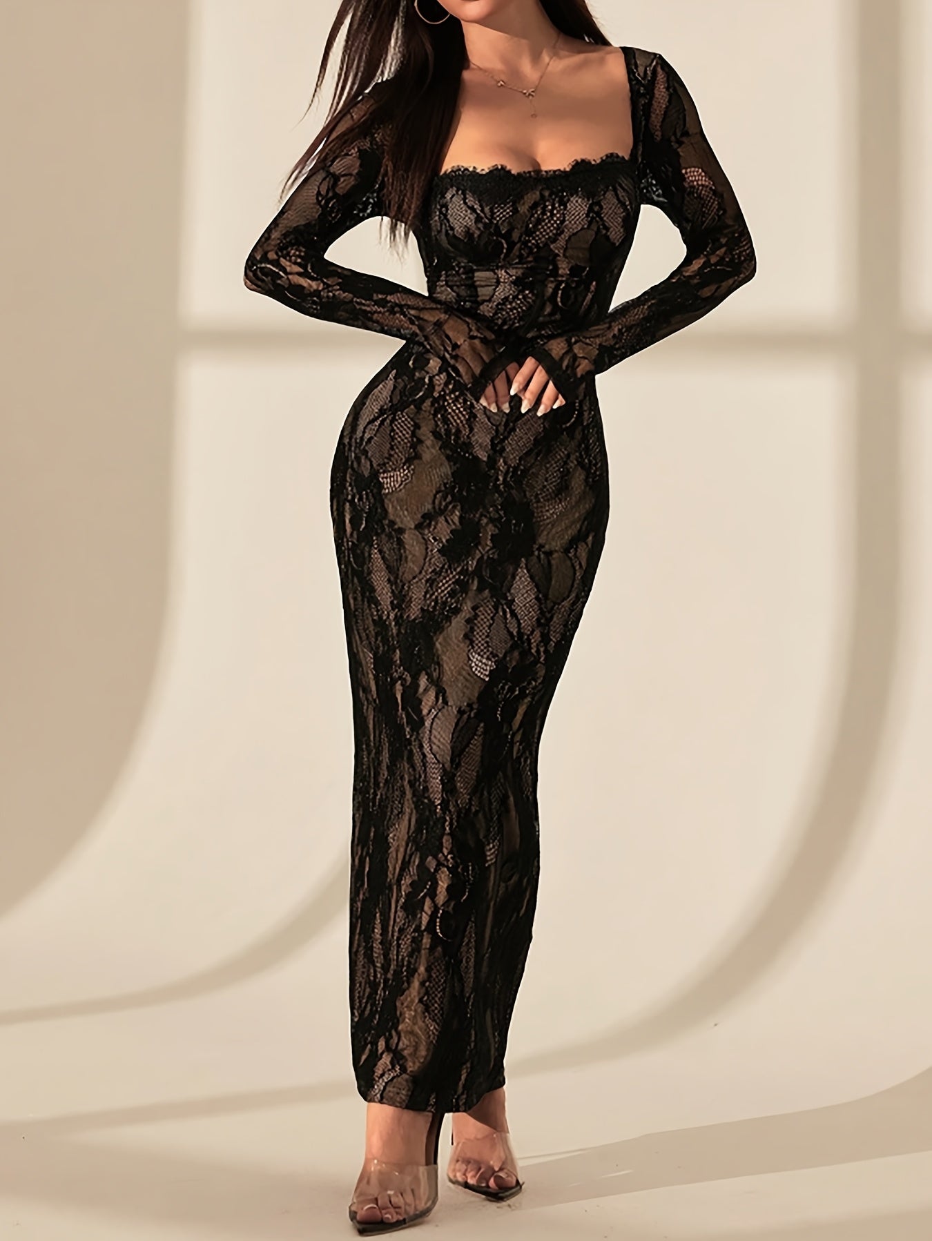 Women's Elegant Square-Neck Bodycon Lace Dress - Long Formal Party Wedding Guest Gown, Machine Washable - Long Dress with Full-Length Coverage, Non- Solid Color Elegant Partywear