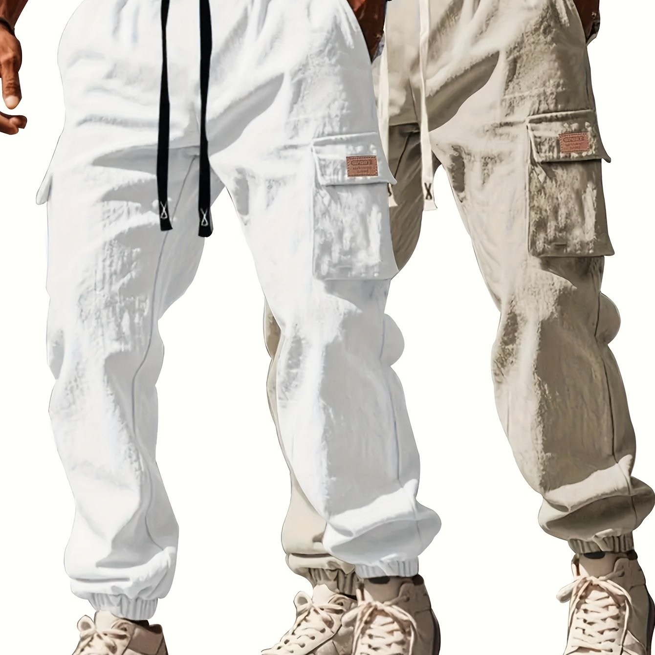 Pantalons de travail robustes pour homme (2 pièces) – cargos complets à multiples poches utilitaires, taille à cordon, coton non extensible, coupe ample (noir et vert olive)