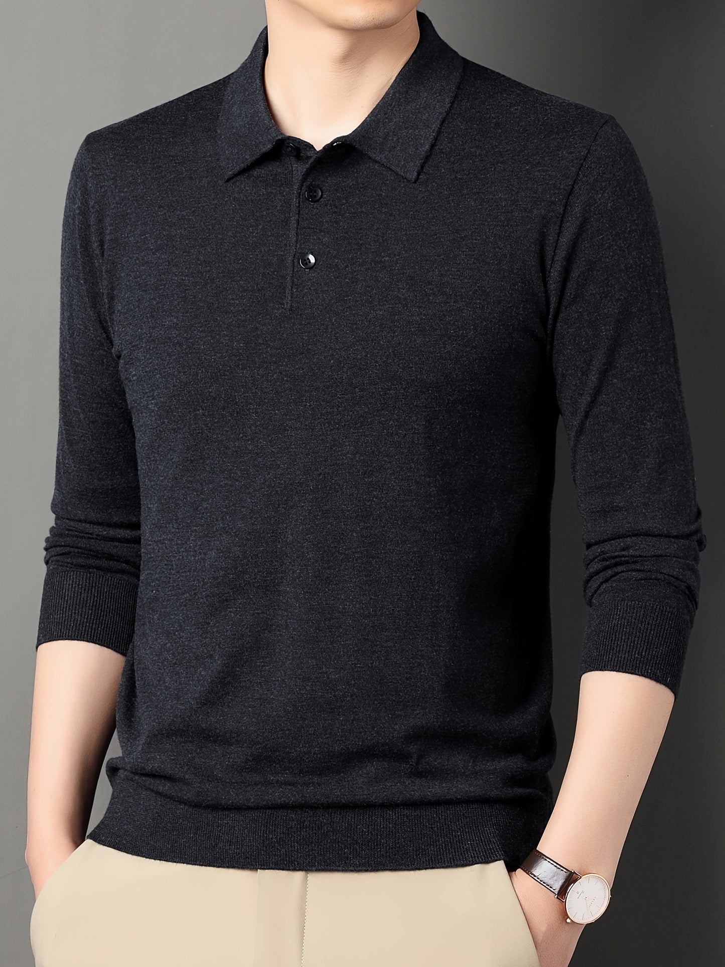 Men'S Slim-Fit Long Sleeve Shirt - Soft Stretchy Knit Button-Front Collar, Solid Color Casual & Formal Tops for Spring/Fall, Office, Party, Everyday - Easy-care Men'S Clothing, Office Attire, Classic Collar, Durable Construct