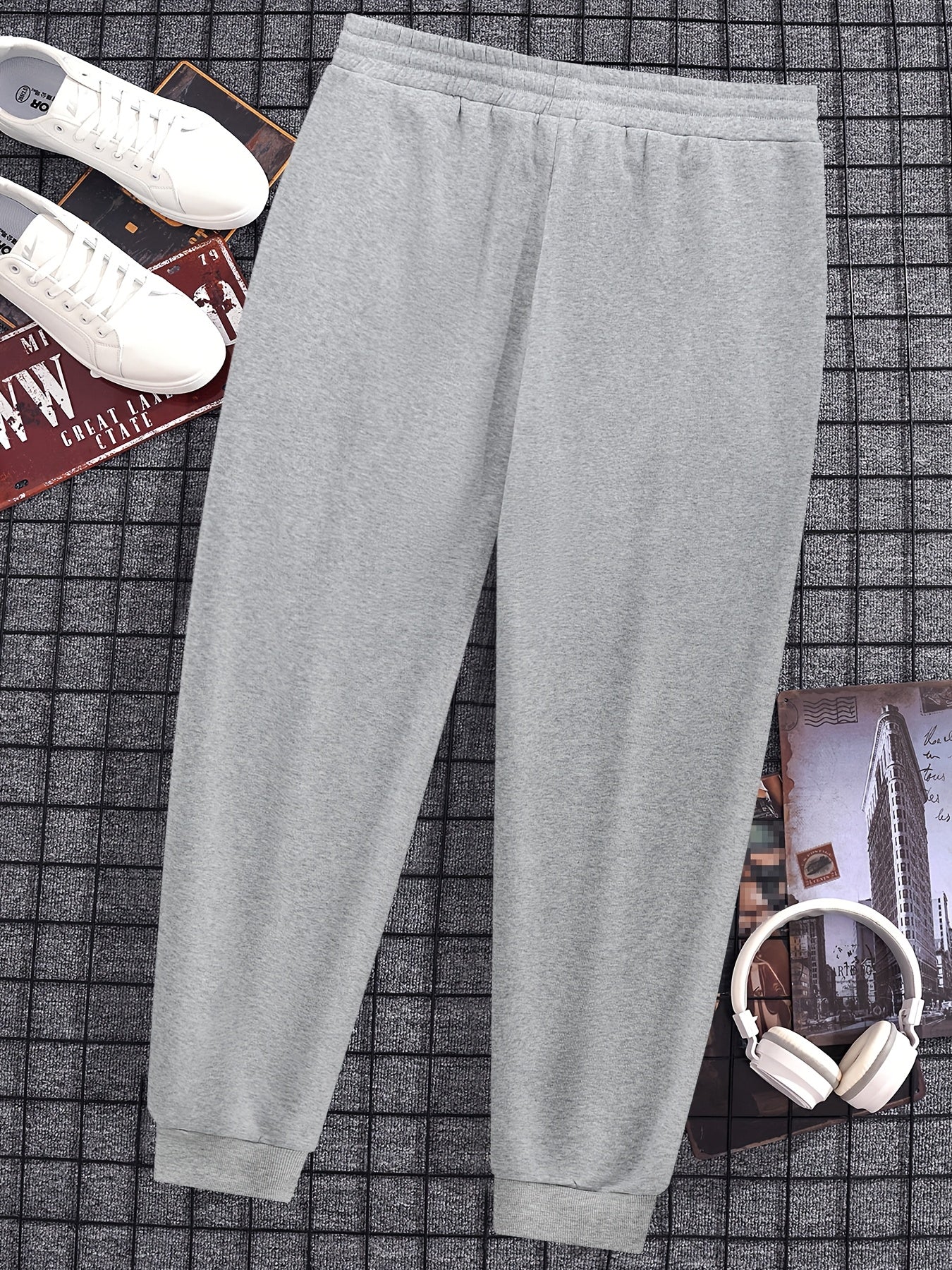 Sweatpants décontractés grande taille pour homme – tissu tricot polyester, coupe ample, légèrement extensible, couleur unie avec imprimé lettres