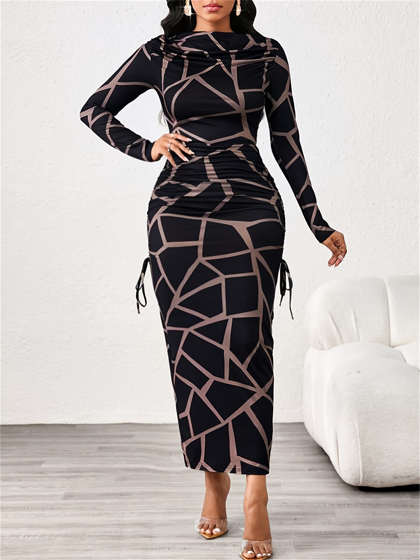 Women'S Elegant Formal Evening Gown - Long Sleeve Bodycon Dress with Geometric Print, Structured Fit & Tie-Front Closure, Floor-Length Party Wedding Guest Dress for, Prom, Gala - Spring/fall Formal Attire, Formal Dresses, Pro