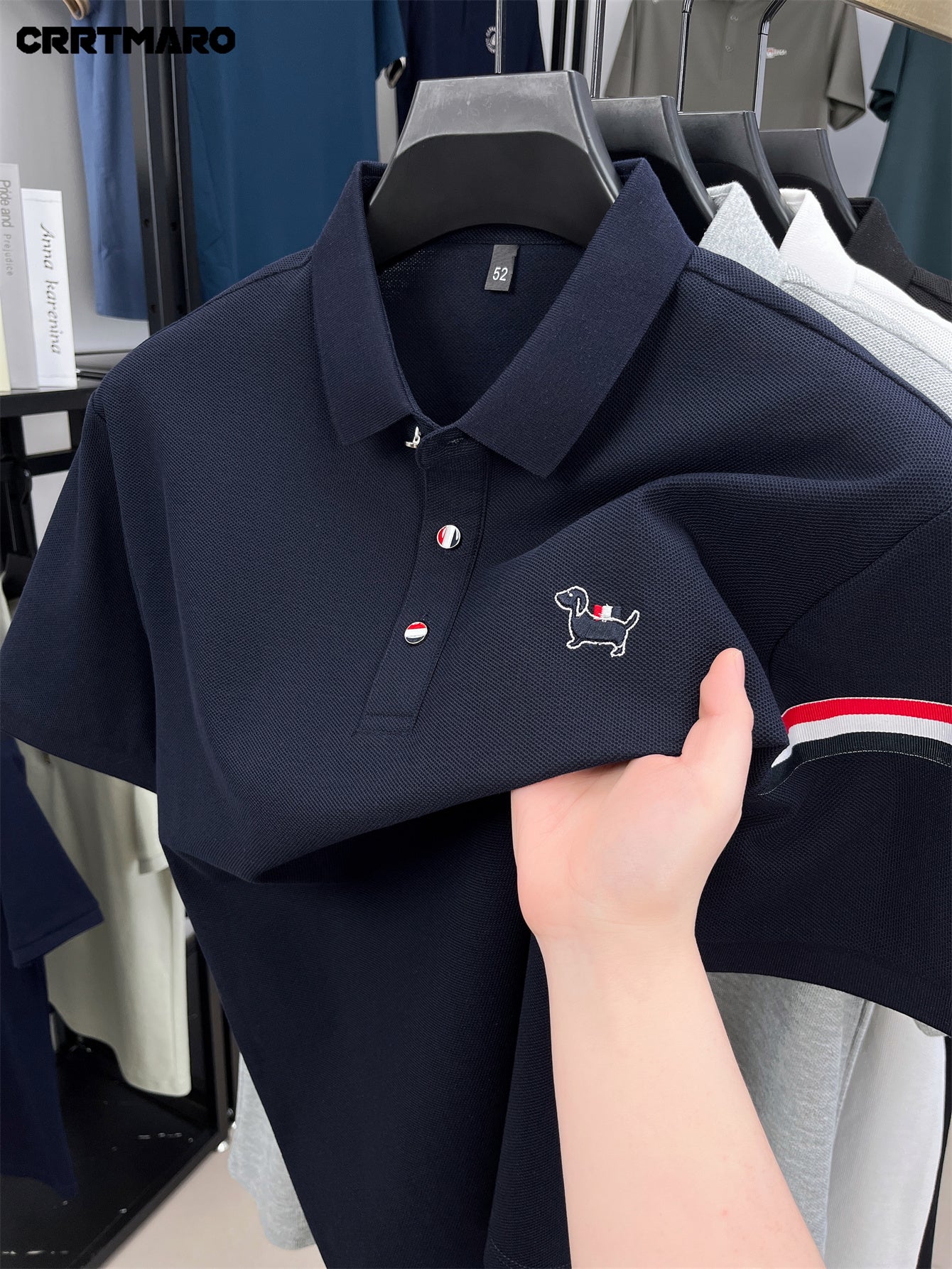 Men's Navy Blue Shirt - Classic Crew Neck Button-Front, Soft Everyday Shirt for Office, Golf, Casual Outings - CRRTMARO Brand Button-Up Shirt, Office Attire, Straight Sleeves, Durable Construction, Short Sleeve Top,