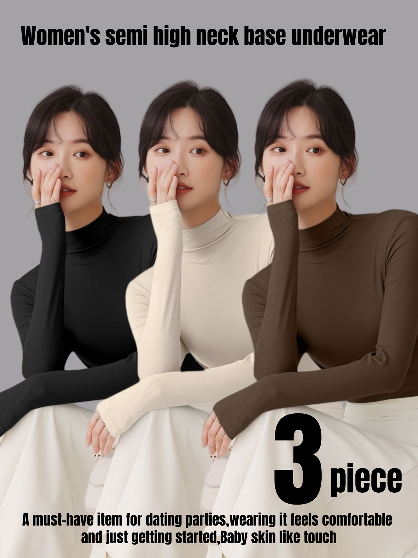 Lot de 3 sous-vêtements thermiques slim, manches longues, col montant, pour femmes, automne et hiver
