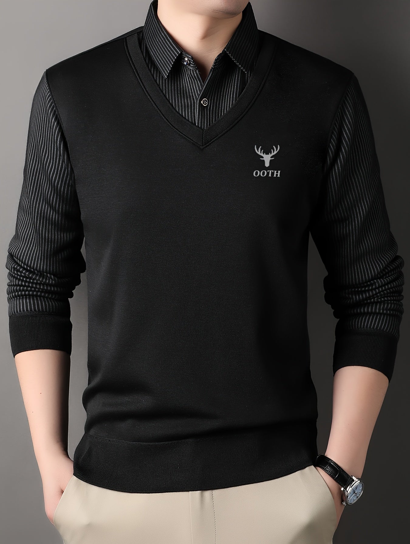 Men'S Spring And Autumn Thin Fake Two-Piece Lapel Button Long-Sleeved Knitted Pullover, Chest Embroidery, Button Placket, Suitable for Daily Commuting, Travel And Office And Other Scenes, Is The First Choice for Gifts