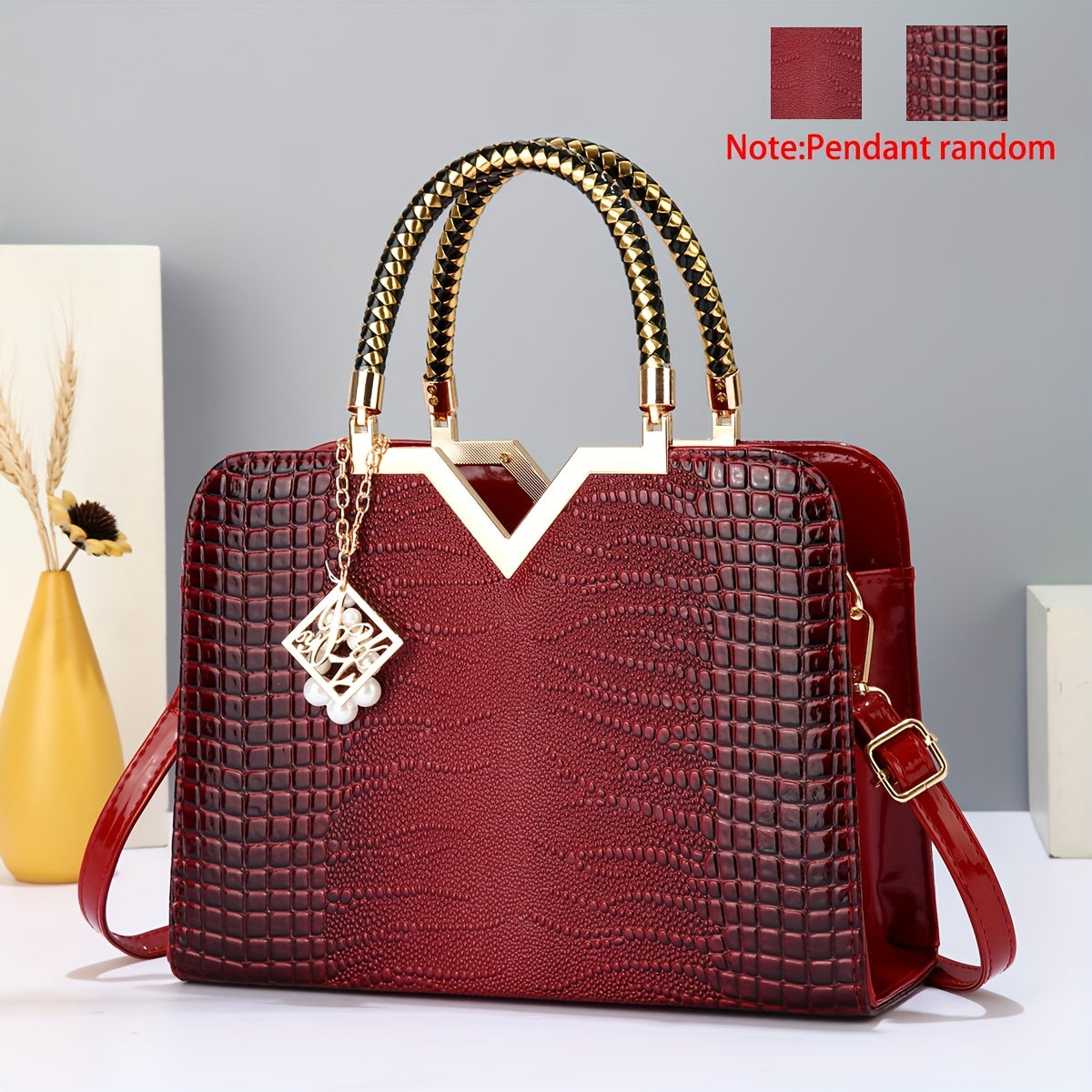 Sac à Main Princesse Nouveau à Motif Croco – Design Haut de Gamme, Portefeuille Élégant avec Décoration Métallique en V, Grande Capacité, Détails Charms Raffinés, Bandoulières Ajustables