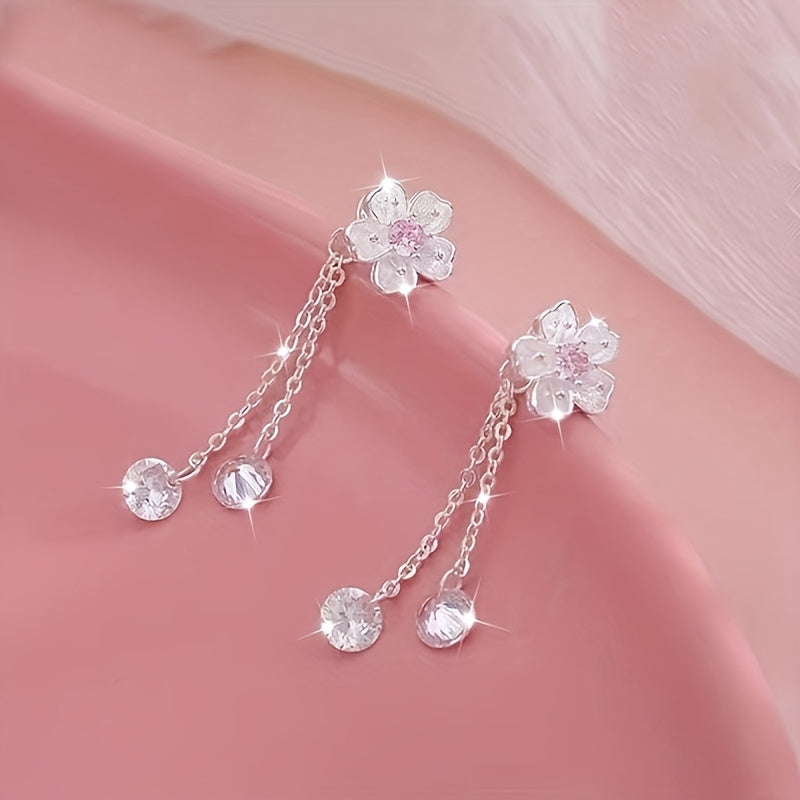 1 paire de boucles d’oreilles pour femmes, élégantes et classiques, motif fleur de cerisier avec pampilles, plaqué argent 925, idéal cadeau pour anniversaires, mariages, rentrée scolaire, Saint-Valentin, printemps/été.