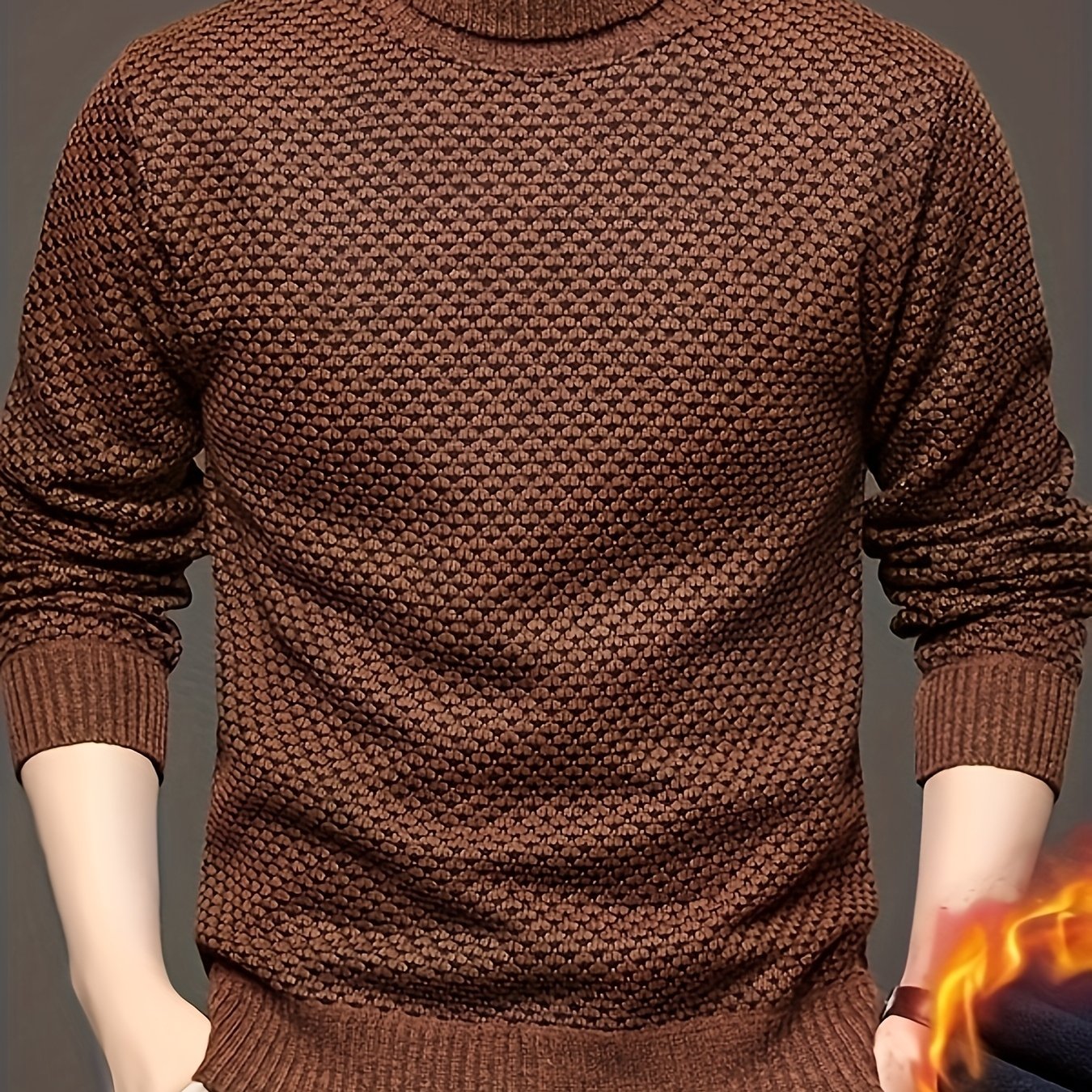 Men'S Autumn Jacquard Knit Sweater with a High Collar, Stylish And Fleece-Lined.