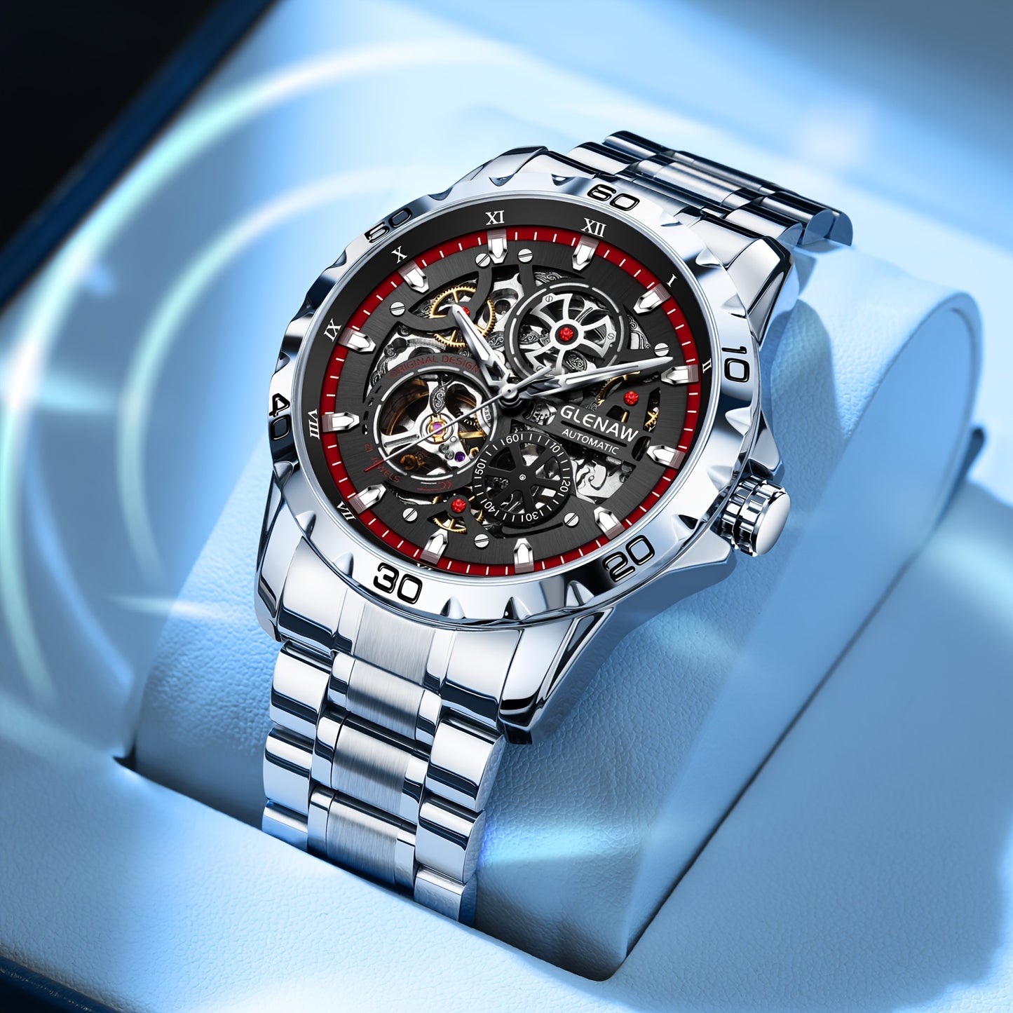 Men's Flywheel Automatic Watch Men's Skeleton Watch Rotating Men's Watch Steel Band Skeleton Self-winding Mechanical Watch