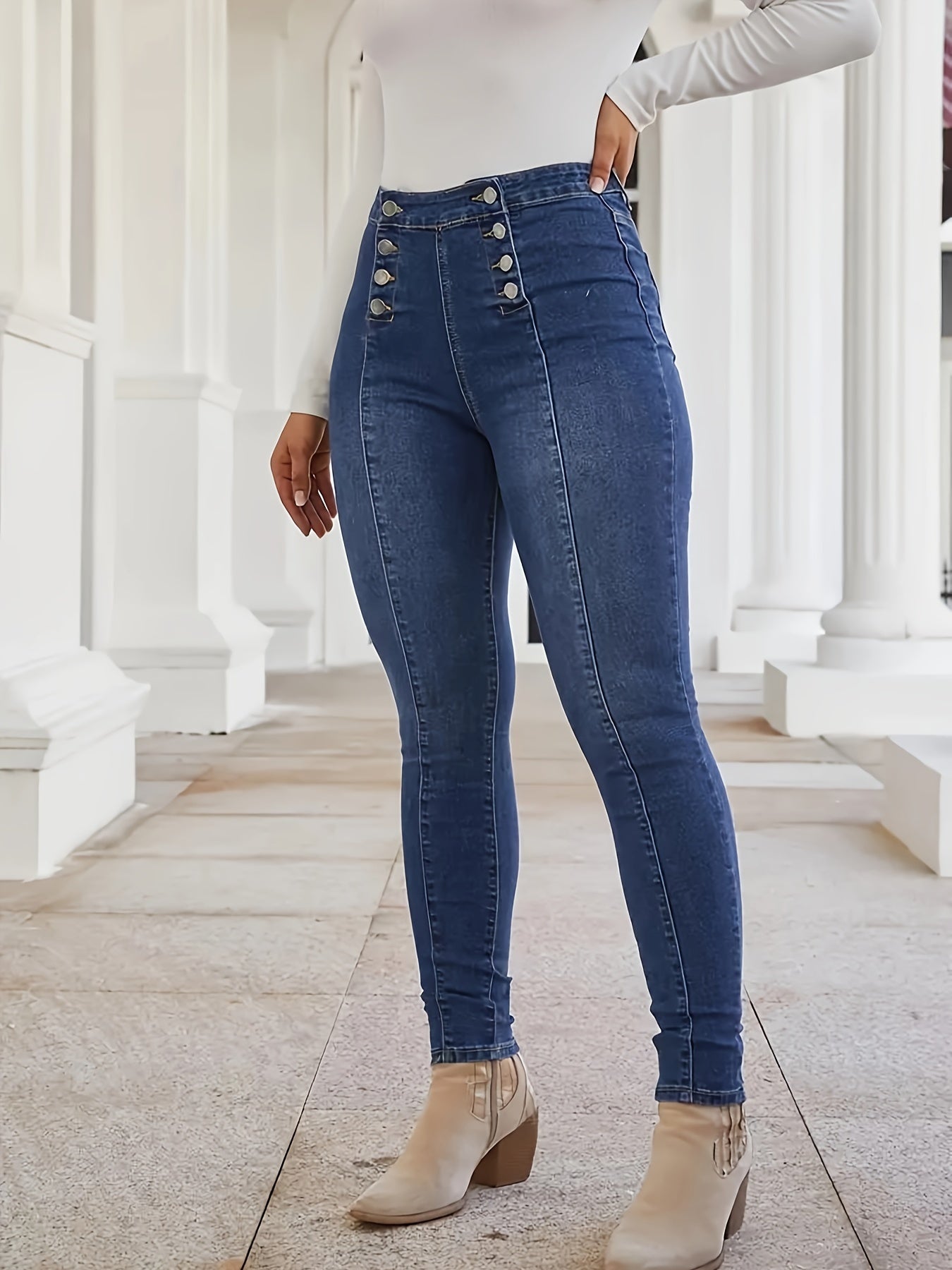 Jean skinny à boutons et plis piqués, pantalon en denim stretch moyen croisé style vintage, jean et vêtements en denim pour femme, idéal pour l'automne