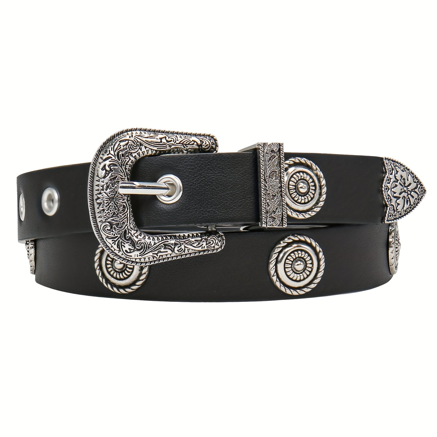 Ceinture pour femmes – Noir avec clous métalliques dorés, boucle métallique ornée, taille standard, pour robes, pantalons et jeans, ceinture style western, ceinture noire imitation cuir