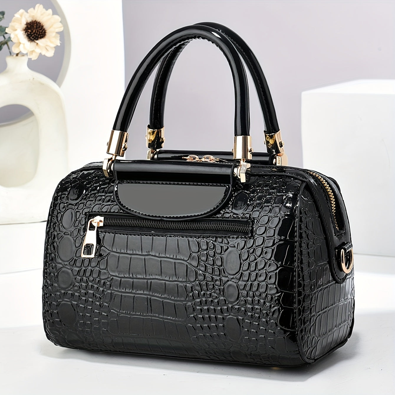 Sac noir en PU pour femmes – motif crocodile brillant, fermeture zippée, grande capacité, sac oreiller, bandoulière simple, idéal travail, trajets et voyage