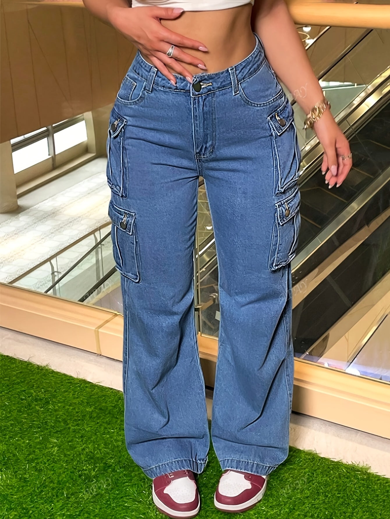 Pantalon évasé pour femme  avec poches multiples, style décontracté, pantalon de travail